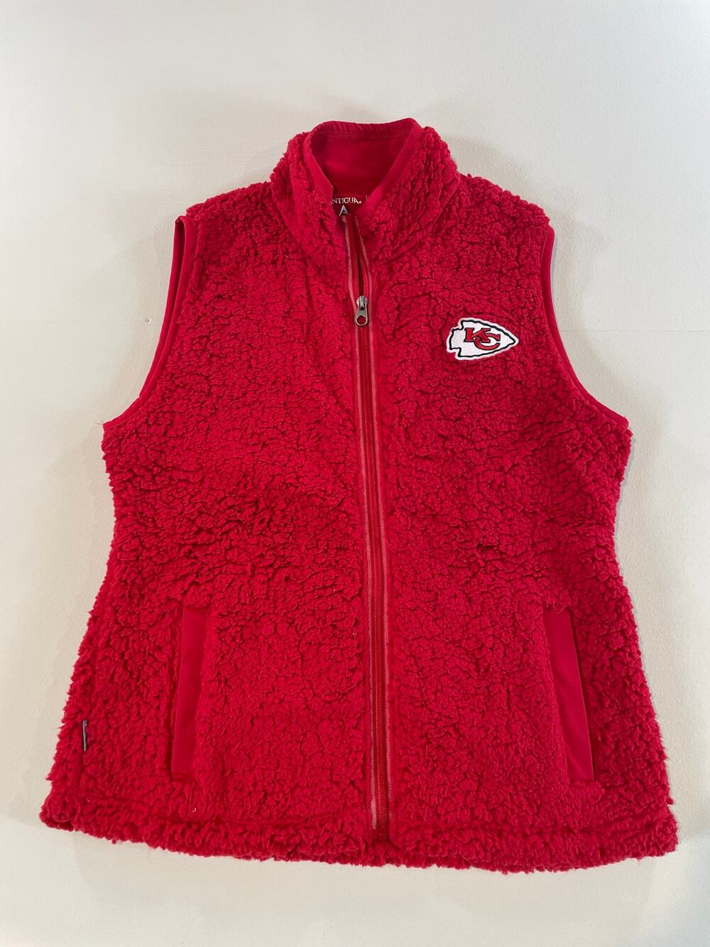 Antigua Sherpa Fleece Vest Red Womens Size L Chief Stitched Logo Full Zip